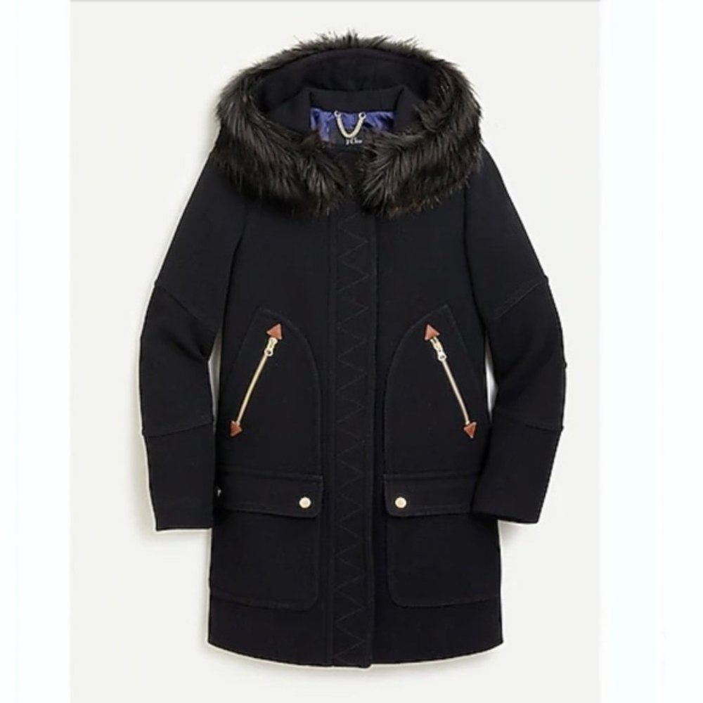 J. Crew Stadium Wool Chateau Parka Coat Black Hooded Faux Fur Trim Size 00 NEW - Picture 4 of 7